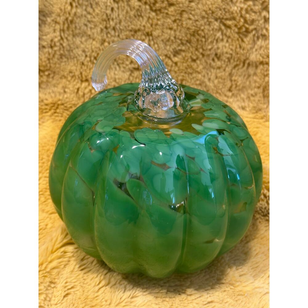 Hand Blown light green Swirl Art Glass Stemmed Pumpkin Fall decor thanksgiving